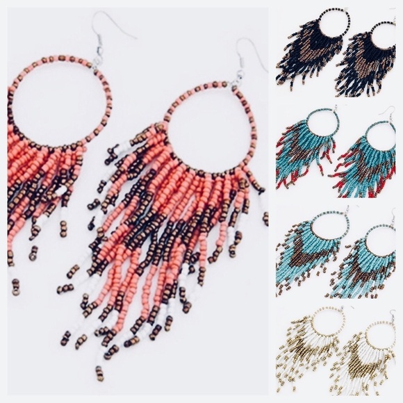 Bohemian tribal beaded large statement earrings - Picture 1 of 8
